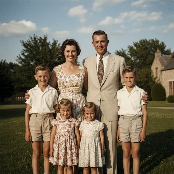 Восстановленное семейное фото 1950‑х годов, чёрно‑белое, преобразованное в цвет, яркие детали лица, естественное освещение, высокая чёткость, 4K, фотореализм