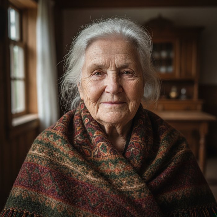 Цветокорректированный портрет старой женщины, насыщенные естественные тона кожи, чёткая текстура ткани, мягкое естественное освещение, высокая детализация, 4K, фотореализм