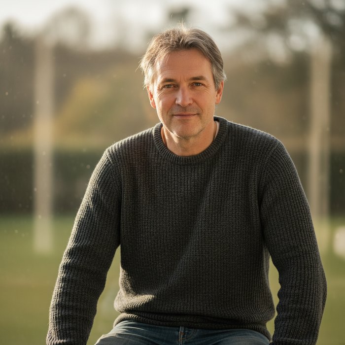 портрет взрослого человека в обычной одежде, снятый в естественном освещении, с мягким фоном, камера высокого разрешения, фотореализм, 4K