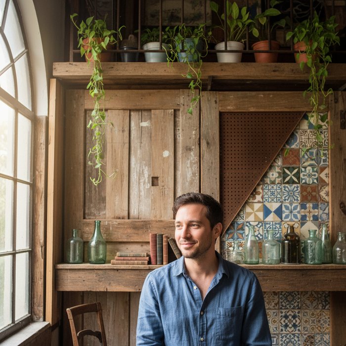 портрет молодого человека с лёгкой улыбкой, оригинальный фон комнаты, естественное освещение, высокое разрешение, фотореализм, 4K