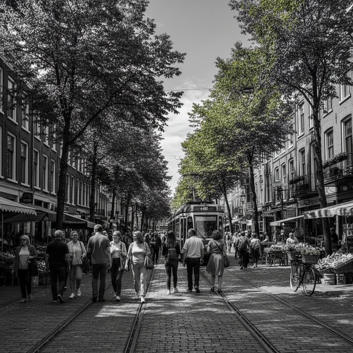 чёрно‑белая версия той же городской улицы, контрастные тени, детали лиц прохожих чётко видны, текстура асфальта и деревьев подчёркнуты, высокая детализация, 4K, профессиональная фотосъёмка