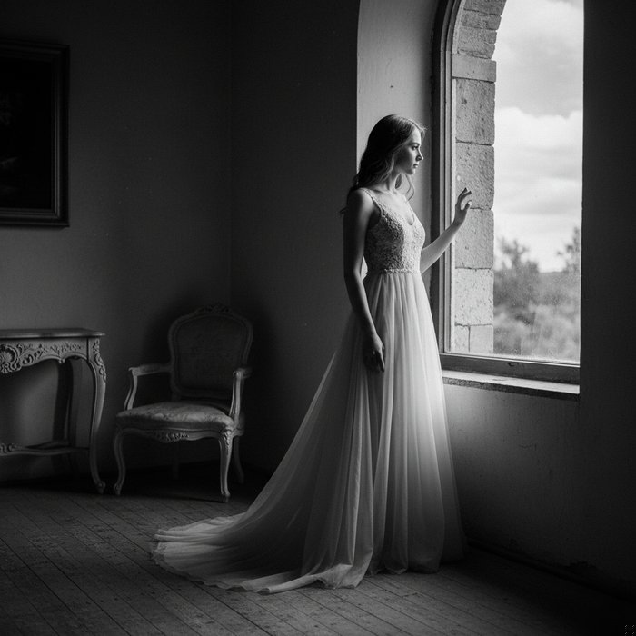 молодая женщина в светлом платье, стоящая у окна, естественное освещение, чёрно‑белая фотография, высокая детализация, 4K, профессиональная фотосъёмка