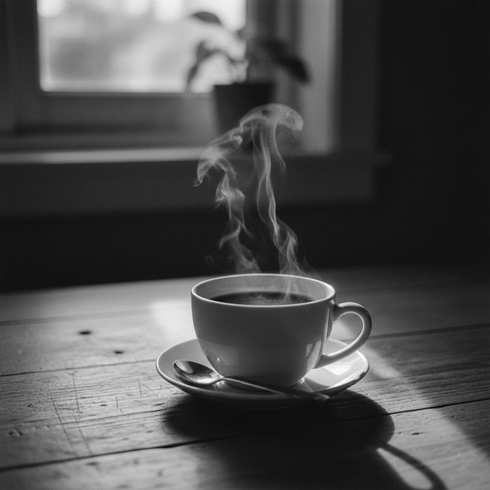 чёрно‑белая фотография чашки кофе на деревянном столе, пар над напитком, естественное освещение, высокая детализация, 4K, профессиональная фотосъёмка