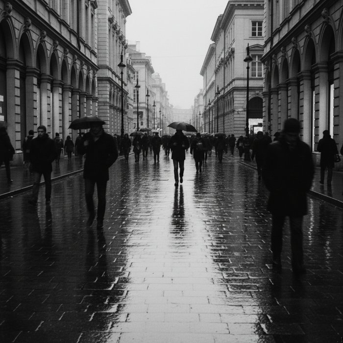 чёрно‑белая уличная сцена с прохожими, мокрый асфальт после дождя, отражения фонарей, высокая детализация, 4K, профессиональная фотосъёмка