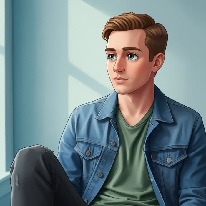 портрет молодого человека, стилизованный под яркую мультяшную иллюстрацию, выразительные глаза, плавные линии, насыщенные цвета, естественное освещение, высокая детализация, 4K, фотореализм