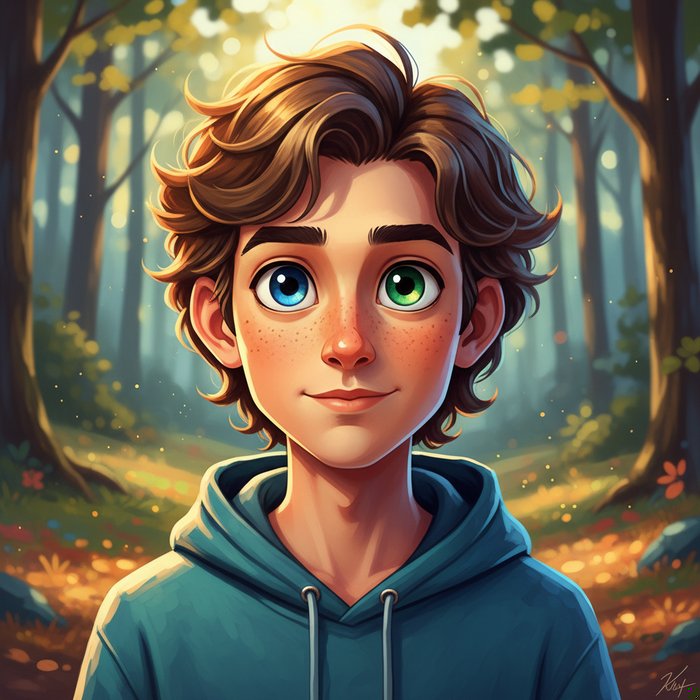 портрет молодого человека в мультяшном стиле, яркие глаза, плавные линии, насыщенные цвета, естественное освещение, высокая детализация, 4K, фотореализм