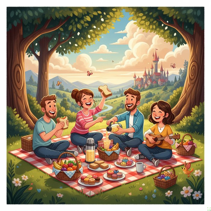 группа друзей на пикнике, стилизованная под мультяшную иллюстрацию, яркие цвета, живые эмоции, естественное освещение, высокая детализация, 4K, фотореализм