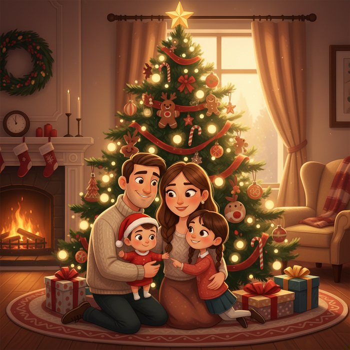 семейный портрет у новогодней ёлки, стилизованный под мультяшный рисунок, теплые тона, мягкие линии, естественное освещение, высокая детализация, 4K, фотореализм