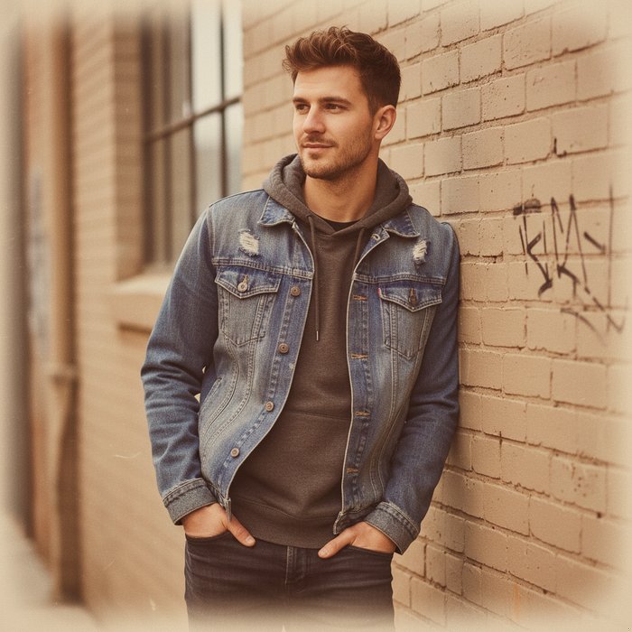 Портрет молодого человека в ретро‑стиле, мягкое зерно, теплая цветовая палитра, лёгкая винтажная виньетка, естественное освещение, 4K, высокая детализация