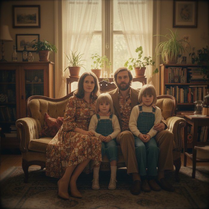 Семейный портрет в ретро‑стиле, теплые тона, лёгкая винтажная виньетка, мягкое зерно, естественное освещение, высокая детализация, 4K