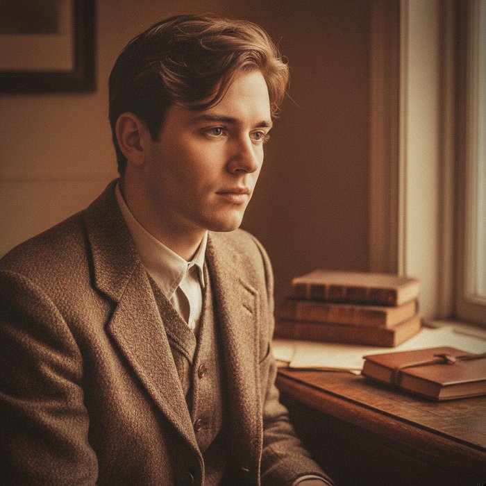 Портрет молодого человека в винтажном стиле, теплые коричневые и оранжевые оттенки, мягкое зерно, лёгкая виньетка, естественное освещение, высокая детализация, 4K