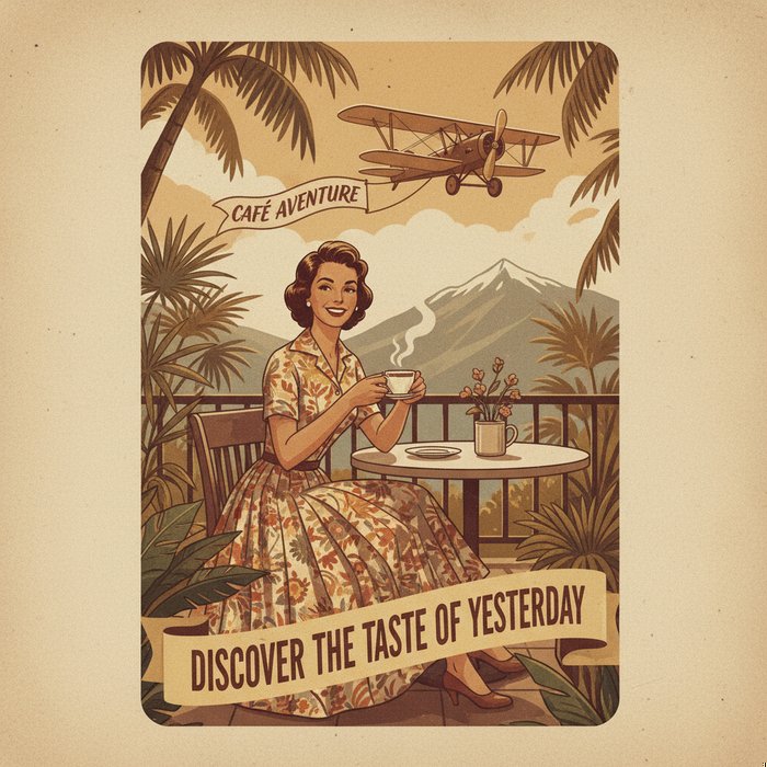 Рекламный баннер в ретро‑стиле, теплые тона, лёгкое зерно, винтажная текстура, естественное освещение, высокая детализация, 4K