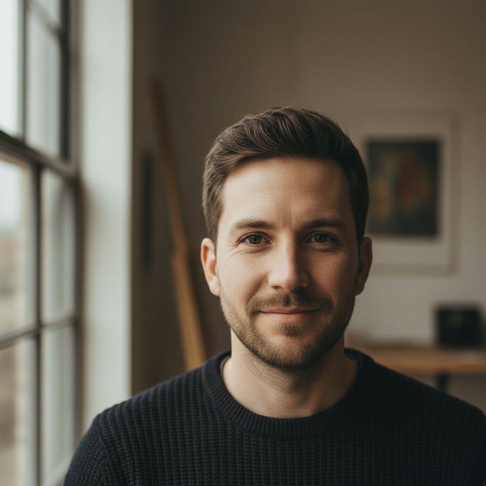 Тот же портрет мужчины, но с естественной тёплой улыбкой, мягкое естественное освещение, детализированное лицо, 4K