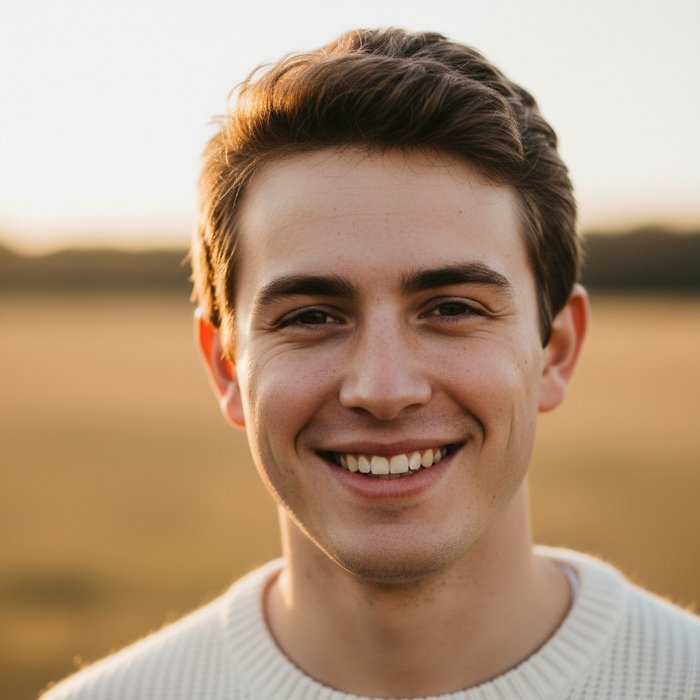 Фотореалистичный портрет молодого человека с естественной тёплой улыбкой, мягкое естественное освещение, детализированное лицо, 4K