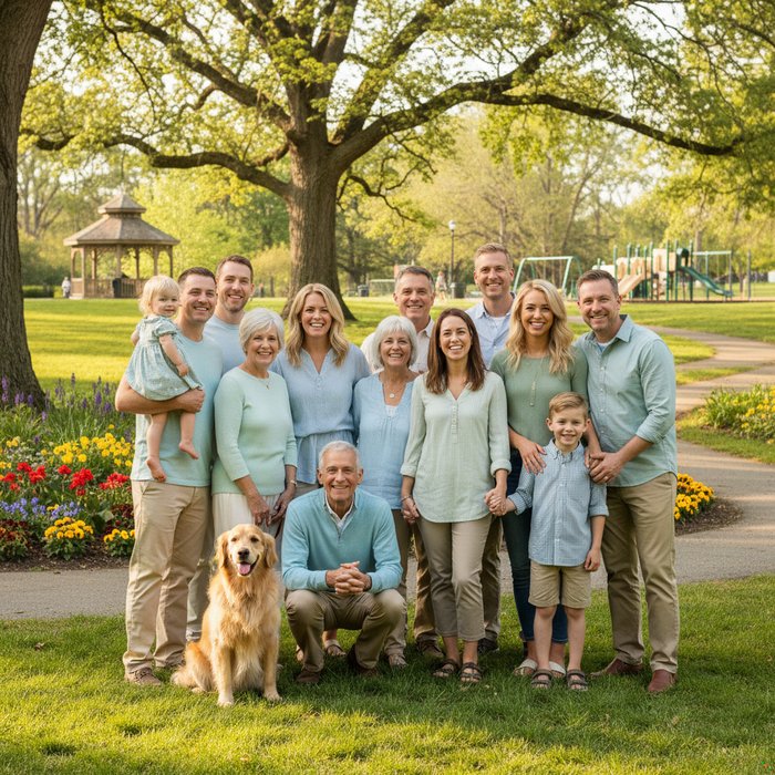Группа семейных членов на фоне парка, все улыбаются, естественное освещение, высокая детализация, фотореализм