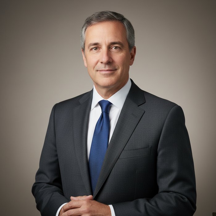 Бизнес‑портрет мужчины в костюме с лёгкой уверенной улыбкой, студийное освещение, высокая детализация, фотореализм