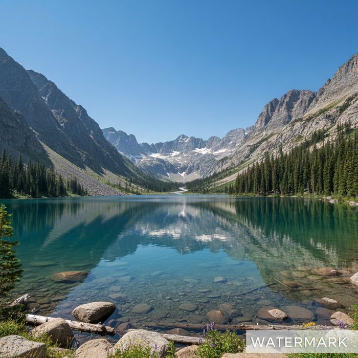 Тот же пейзаж с горным озером, но в правом нижнем углу наложен полупрозрачный текстовый водяной знак, естественное освещение, фотореализм, высокая детализация, 4K