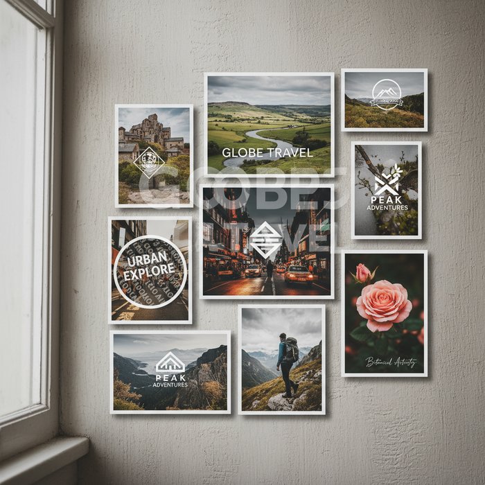 Коллаж из нескольких фотографий, каждая с разными размерами и уровнями прозрачности водяного знака, естественное освещение, фотореализм, высокая детализация, 4K