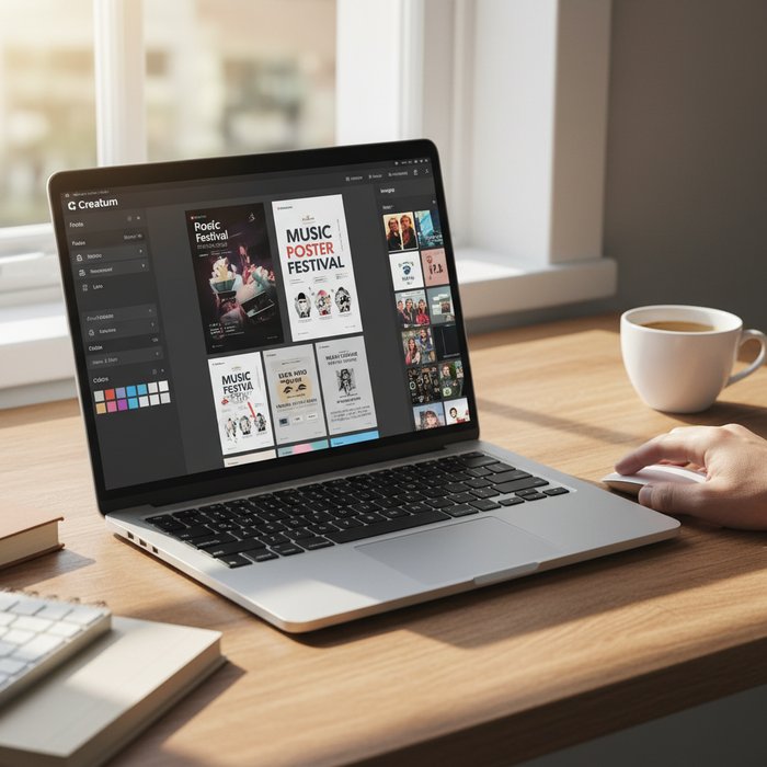 Сцена рабочего стола, на экране ноутбука открыта платформа Креатум, пользователь выбирает шаблон афиши, виден интерфейс с панелями выбора шрифтов, цветов и изображений, естественное освещение, высокая детализация