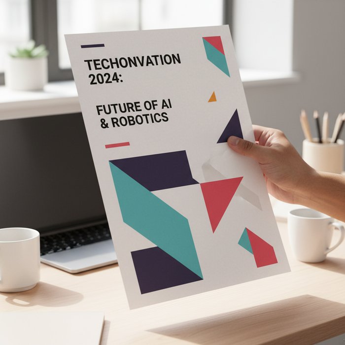 Реалистичное изображение руки, держащей распечатанную афишу формата А3, яркие цвета, четкие детали, фон – светлый офисный стол, высокая детализация, естественное освещение