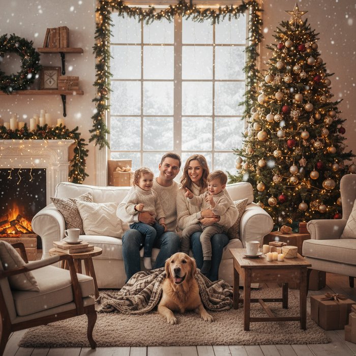 семейное фото в уютной гостиной, где на фоне окна падает лёгкий снег, вокруг расставлены новогодние гирлянды, ёлка с блестящими шарами, мягкое естественное освещение, высокая детализация, фотореализм, 4K