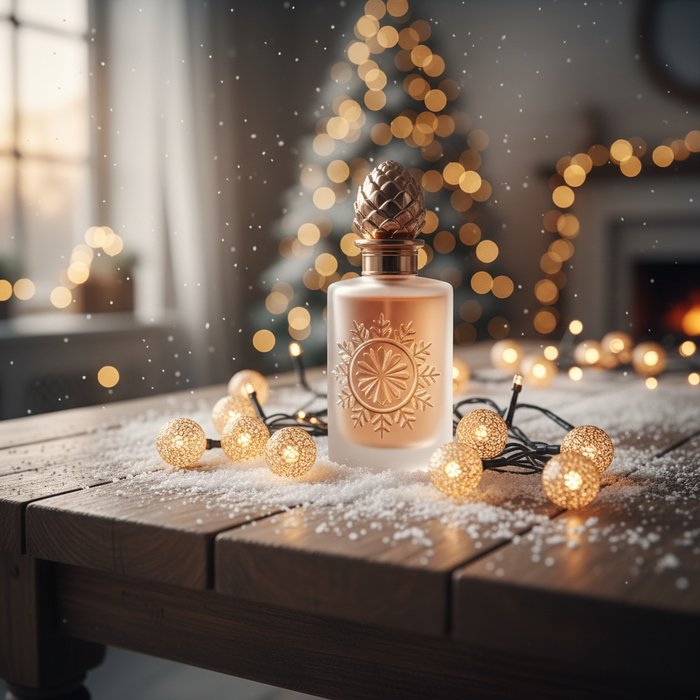 фото продукта на столе, покрытом лёгким слоем снега, вокруг мерцают золотые новогодние огни, яркое естественное освещение, детали продукта чётко видны, фотореализм, 4K