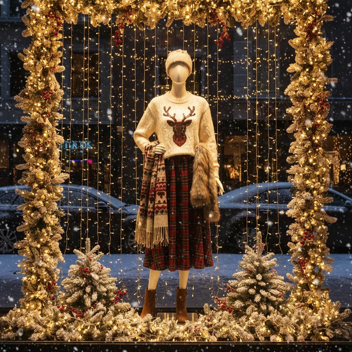 фото одежды на манекене в витрине, окружённой новогодними гирляндами, лёгкий снег падает, мягкое теплое освещение, высокая детализация, фотореализм, 4K