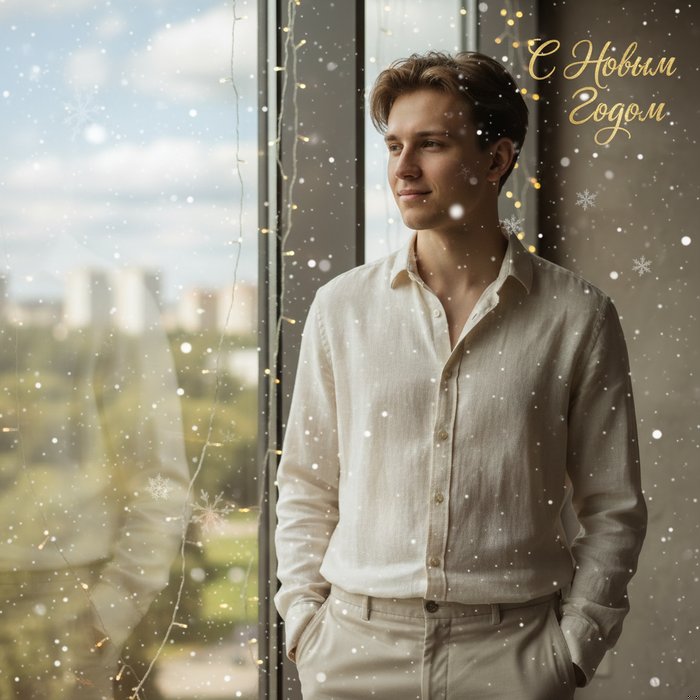 Тот же портрет, но с добавленными снежинками, мерцающими гирляндами, золотой надписью «С Новым Годом», мягкое зимнее освещение, фотореализм, 4K