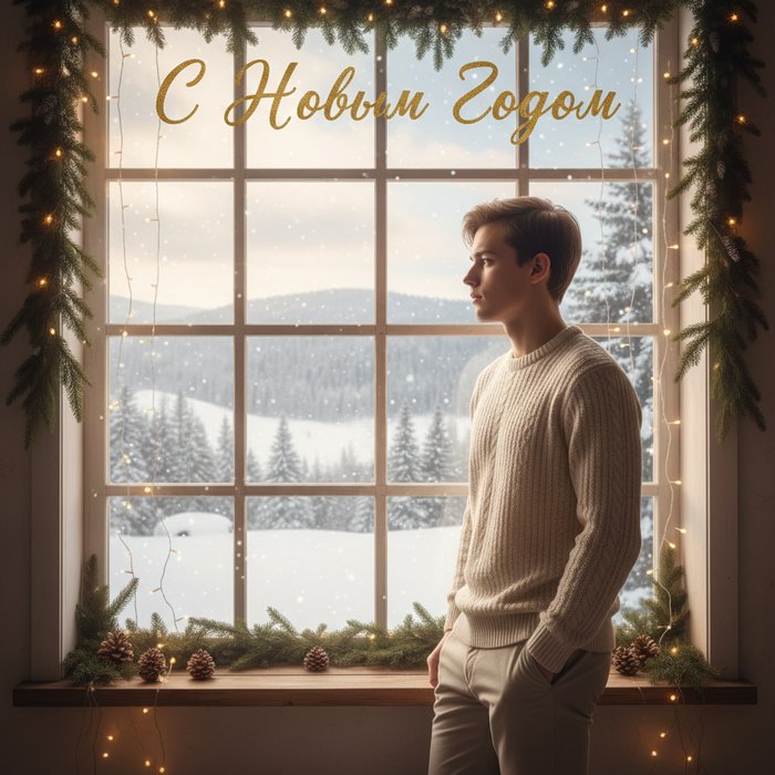 Фотография молодого человека в светлой одежде, стоящего у окна, с мягким естественным светом, на фоне зимнего пейзажа, украшенного снежинками, гирляндами и надписью «С Новым Годом» в золотом шрифте, фотореализм, 4K