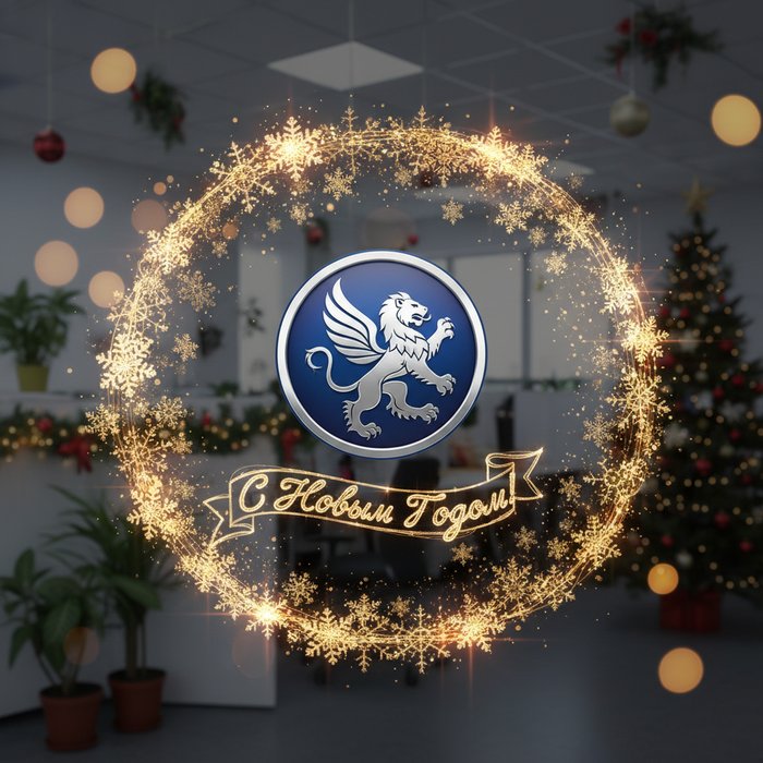 Логотип компании, размещённый в центре кадра, окружённый золотыми снежинками, мерцающими огнями и надписью «С Новым Годом!», фон – мягко размытый офисный интерьер с новогодними украшениями, фотореализм, 4K