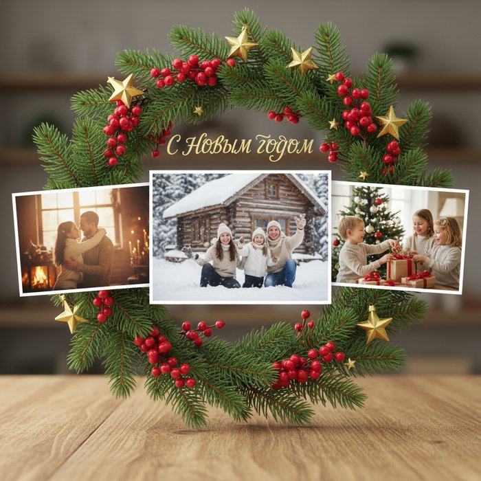 Коллаж из трёх семейных фотографий, каждая в естественном освещении, объединённый рамкой из еловых веток, украшенной красными ягодами и золотыми звёздами, в центре надпись «Счастливого Нового Года», фотореализм, 4K