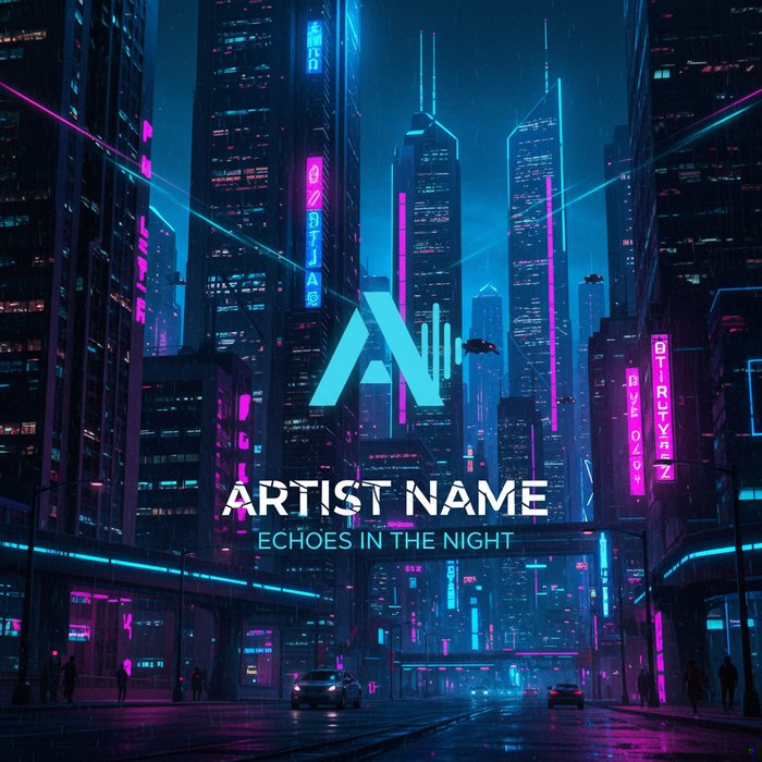 Эффектная обложка трека в фотореалистичном стиле: яркое неоновое освещение, детализированный городской пейзаж на заднем плане, логотип исполнителя в центре, динамичный шрифт названия, высококачественная цветопередача, 4K.