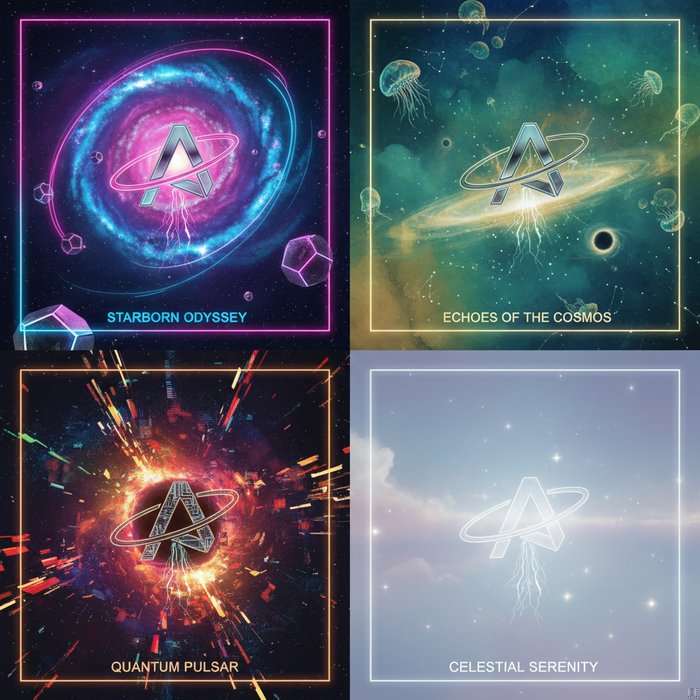 Серия обложек альбома: каждый трек в уникальном стиле, но с общей темой — космический пейзаж, центральный элемент — стилизованный логотип, разнообразные цветовые градиенты, детализированные звёздные эффекты, 4K, профессиональная фотосъёмка