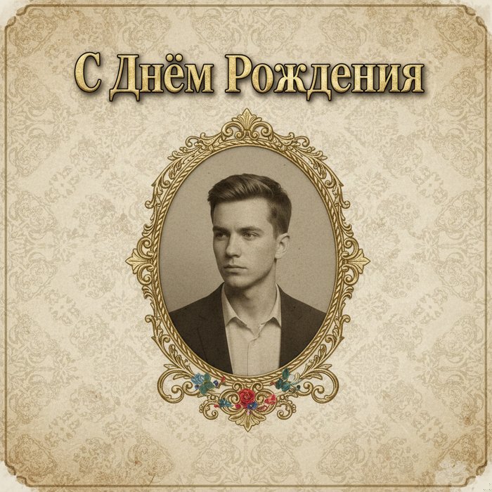 Фотореалистичная поздравительная открытка в ретро‑стиле, винтажный фон с узорами, в центре размещён портрет мужчины, яркая надпись «С Днём Рождения» золотыми буквами, детали высокой чёткости, естественное освещение, 4K качество