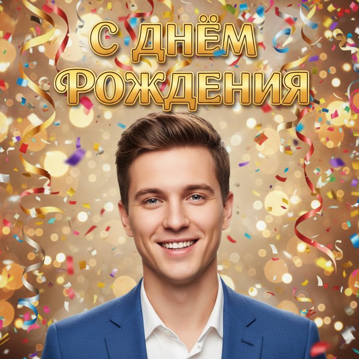 Фотореалистичная открытка с ярким праздничным фоном, в центре — портрет молодого мужчины, улыбающегося, с надписью «С Днём Рождения» золотыми буквами, детали высокой чёткости, естественное освещение
