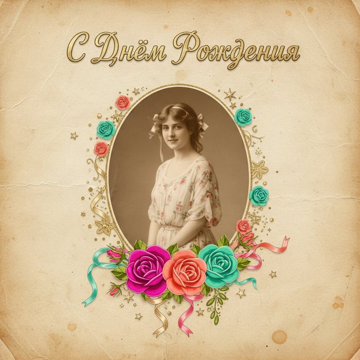 Фотореалистичная поздравительная открытка в ретро‑стиле, фон из состаренных бумажных текстур, в центре — портрет женщины в лёгком летнем платье, надпись «С Днём Рождения» рукописным шрифтом, яркие детали, естественное освещение