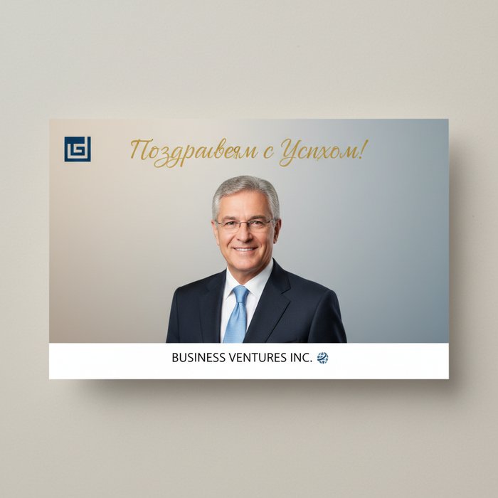 Фотореалистичная деловая открытка с логотипом компании в верхнем левом углу, на фоне нейтрального градиента, в центре — портрет делового мужчины в костюме, надпись «Поздравляем с успехом!» стильным шрифтом, высокое разрешение, естественное освещение