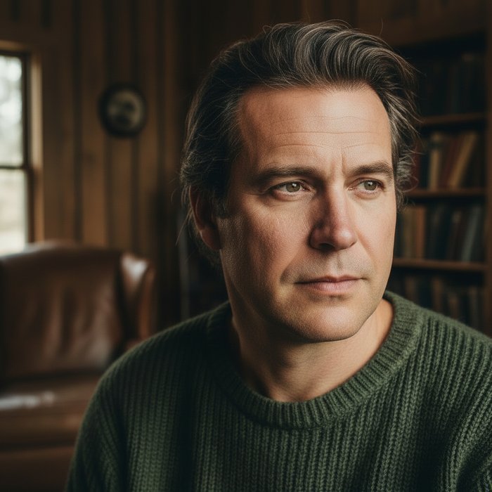 фотореалистичный портрет того же мужчины без бороды и усов, естественное освещение, высокая детализация, 4K, реалистичная цветопередача