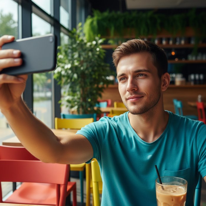 фотореалистичное селфи молодого мужчины без бороды и усов, мягкое естественное освещение, яркие цвета, 4K, высокая детализация