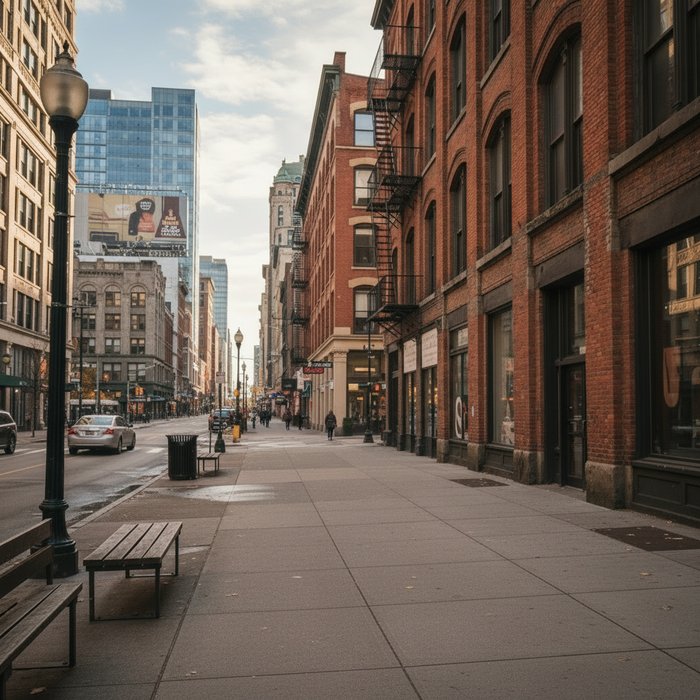 Та же улица в дневное время, без человека, чистый тротуар, детали зданий, естественное освещение, фотореализм, 4K