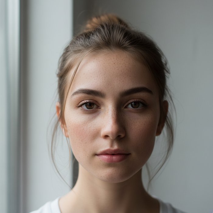 Фотореалистичный портрет без посторонних людей, естественное освещение, детали лица, чистый нейтральный фон, высокая детализация, 4K