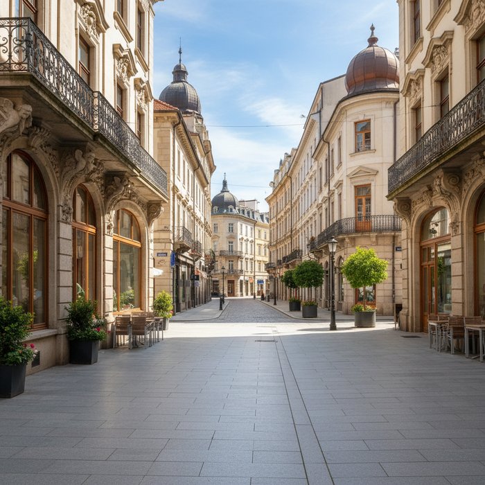 Улица в дневное время без людей, чистый тротуар, детали зданий, естественное освещение, фотореализм, 4K