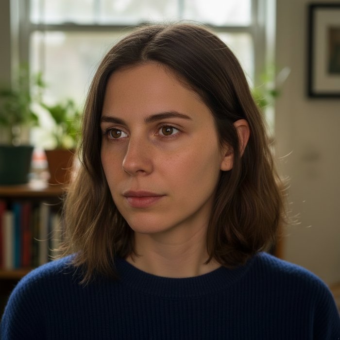 портрет той же женщины после коррекции, глаза естественного цвета без красных оттенков, естественное освещение, фотореализм, 4K, высокая детализация, естественная цветопередача