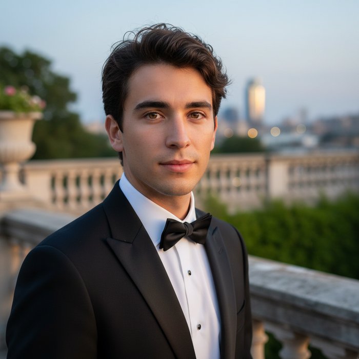 портрет молодого человека в вечерней одежде, естественное освещение, глаза без красных оттенков, фотореализм, 4K, высокая детализация, естественная цветопередача