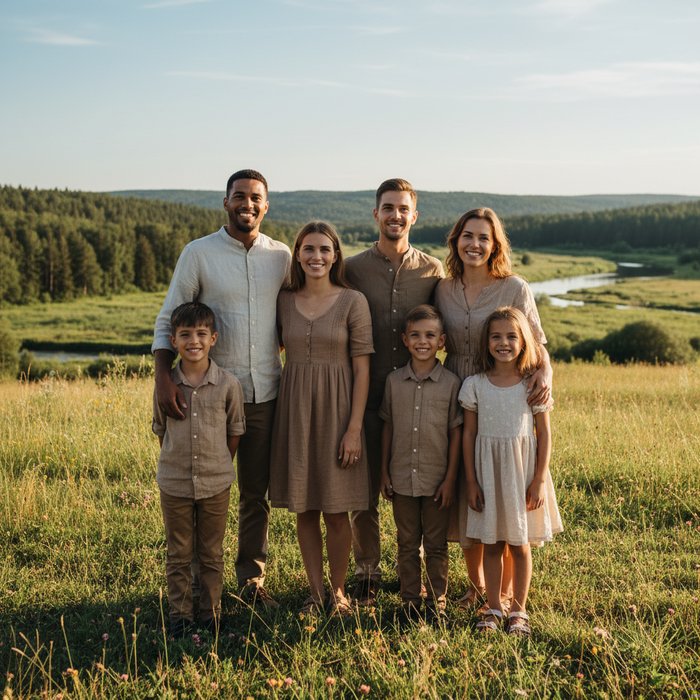 групповой портрет семьи на природе, естественное дневное освещение, глаза всех членов без красных оттенков, фотореализм, 4K, высокая детализация, естественная цветопередача