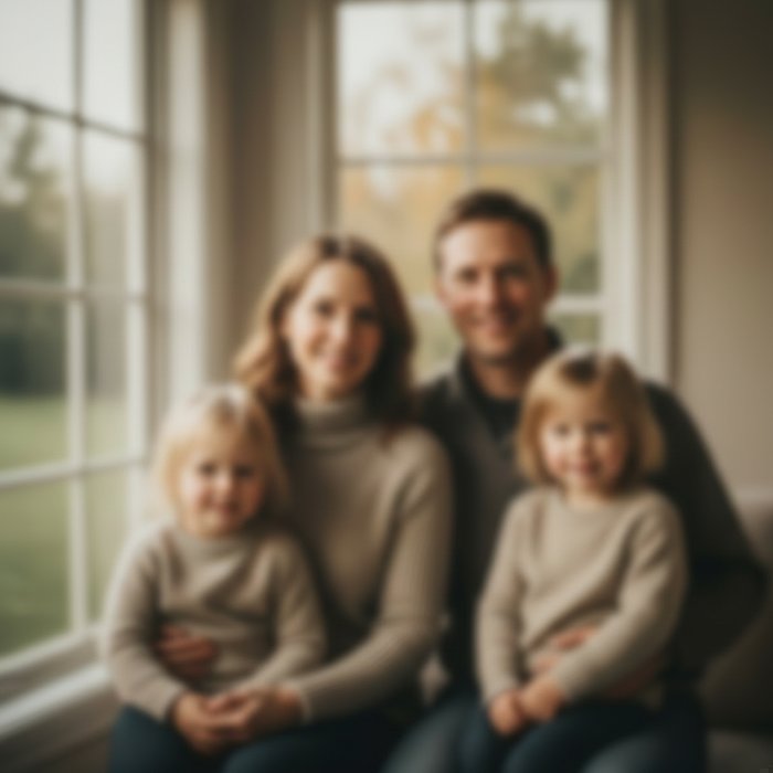 Тот же семейный портрет после обработки, чёткие детали лица, резкие контуры, естественное освещение, фон в фокусе, высокая детализация, фотореализм, 4K
