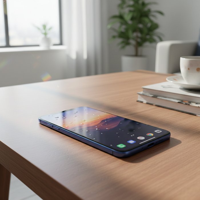 Элегантный стол с современным смартфоном, яркое естественное освещение, чёткие детали корпуса и экрана, отражения на стекле, фотореализм, 4K