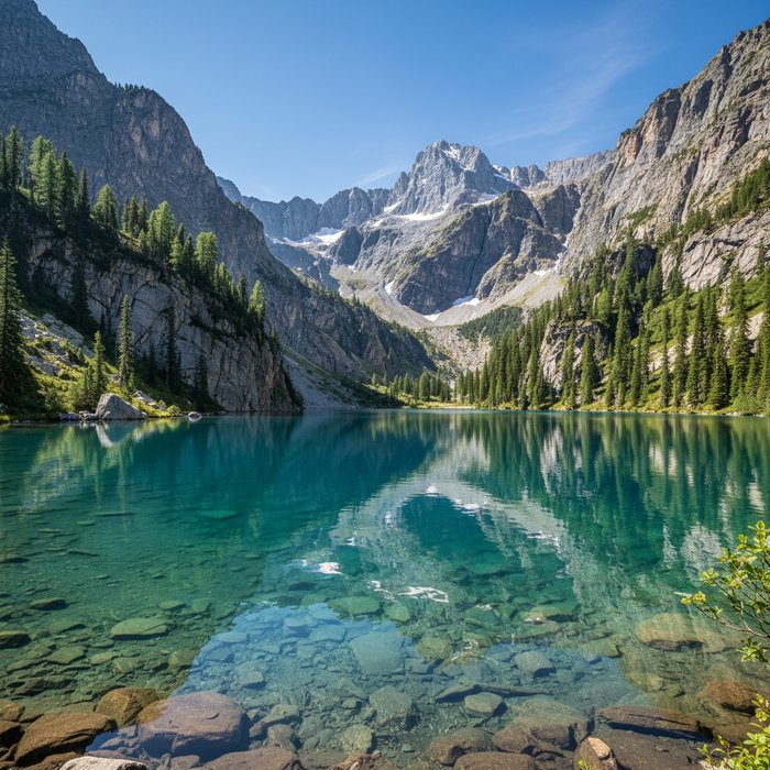 Пейзажный снимок с горным озером, яркое дневное освещение, кристально чистая вода, детализированные скалы и растительность, фотореализм, 4K