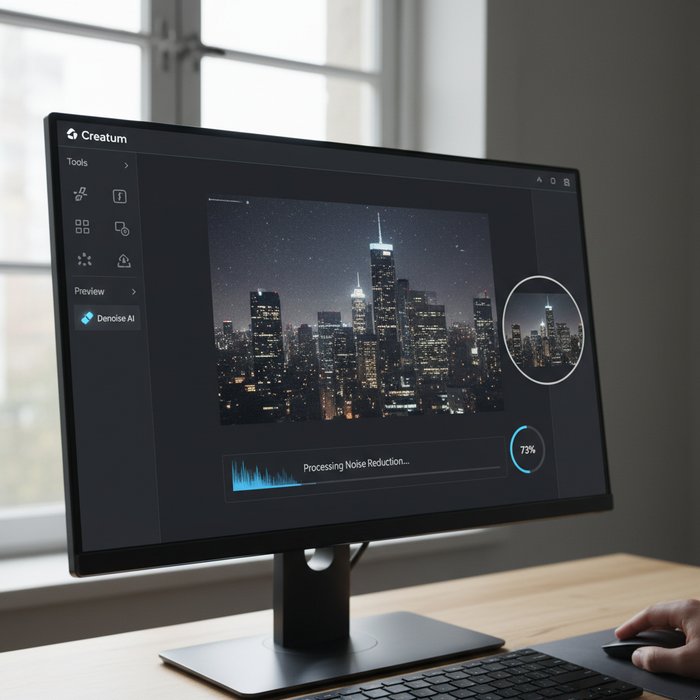 Фотореалистичный скриншот интерфейса Креатум, где пользователь загружает шумную фотографию, виден процесс обработки, естественное освещение, высокая детализация, 4K, профессиональная фотосъёмка