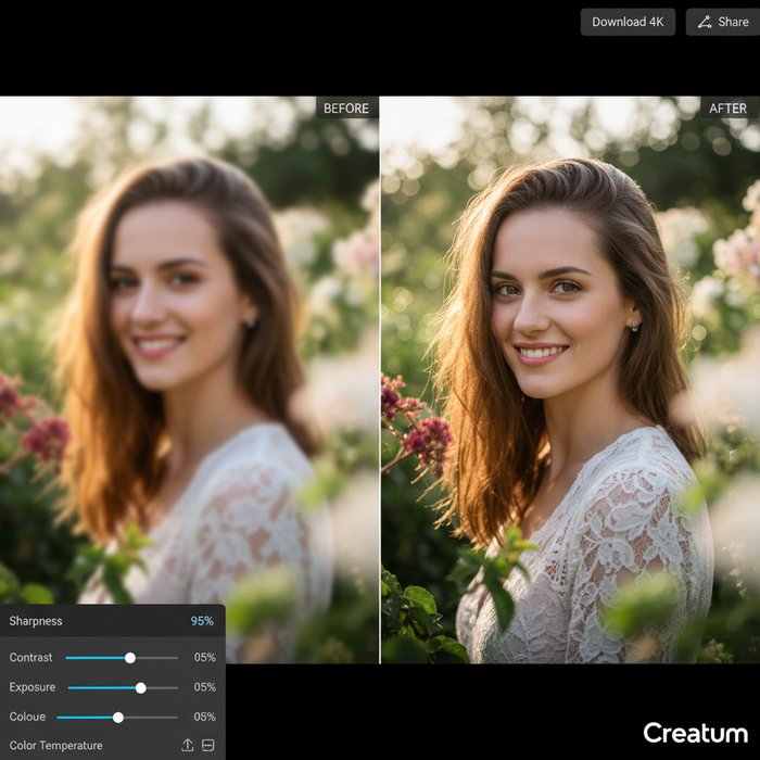 Фотореалистичный скриншот результата в Креатум, показывающий улучшенную резкость фотографии, естественное освещение, высокая детализация, 4K, профессиональная фотосъёмка